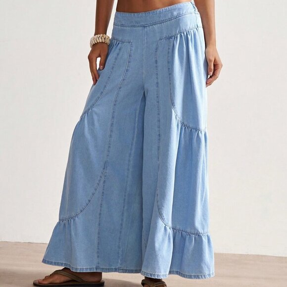 Boho Blue Casual Women's Vacation Patchwork Design Loose Wide-Leg Denim Jeans - Picture 6 of 7